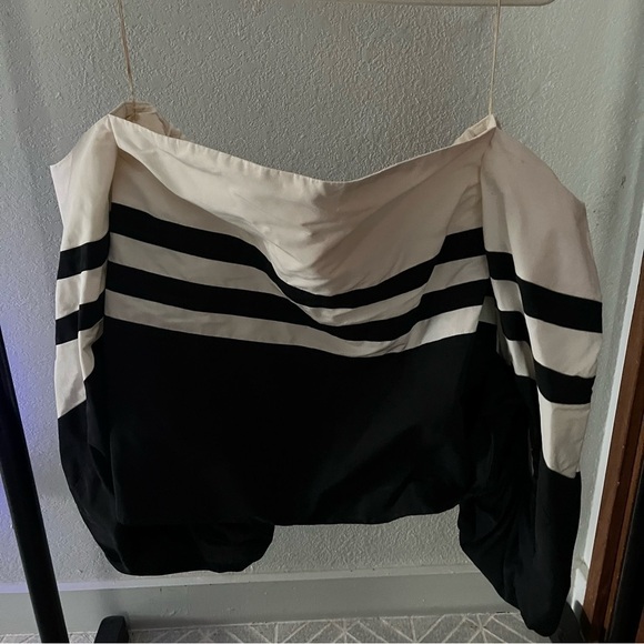ROSIE ASSOULIN sz S Off Shoulder Balloon Sleeve Top Off White Black Stripe - Picture 2 of 16